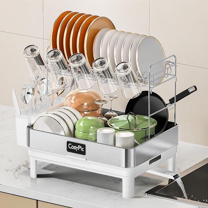 2 Tier Dish Drying Rack, Thicker Premium 304 Stainless Steel Dish Racks for Kitchen Counter, Automatic Drainage Spout, Dish Drainer & Drainboard Set with Utensil Holder and Cup Holder, White by CosyPic