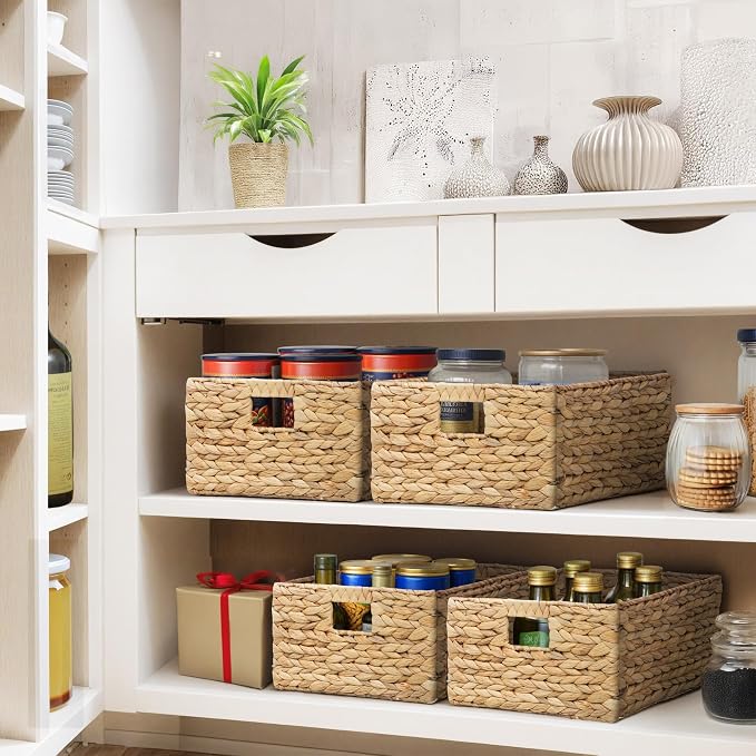 Rectangular Woven Hyacinth Wicker Pantry Storage Baskets, Set of 4 | 13.25"x9"x7", Natural, Iron Wire Frame - Image 3