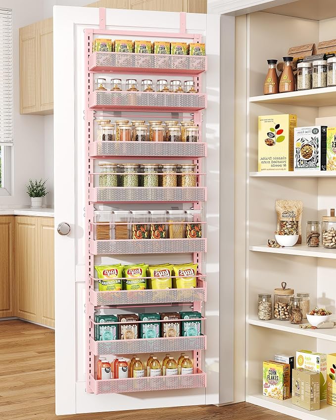 SNTD 8 Tiers Over the Door Organizer, 17" W x 6" D x 69" H, Pink | Pantry Door Organizers and Storage, Height Adjustable Spice Rack, Dense Mesh Baskets, Anti-Swing, Adjustable Door Fastener by SNTD