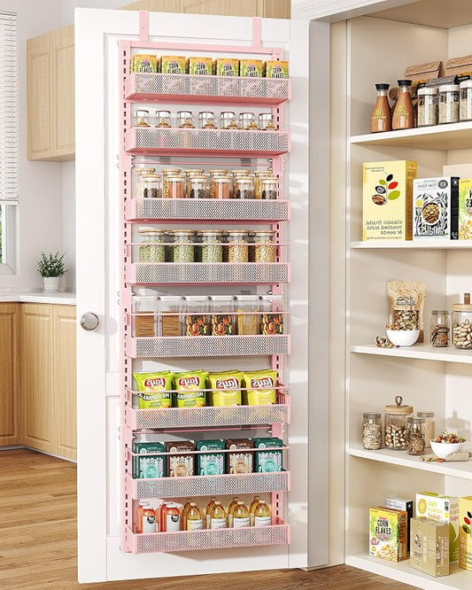 SNTD 8 Tiers Over the Door Organizer, 17" W x 6" D x 69" H, Pink | Pantry Door Organizers and Storage, Height Adjustable Spice Rack, Dense Mesh Baskets, Anti-Swing, Adjustable Door Fastener by SNTD
