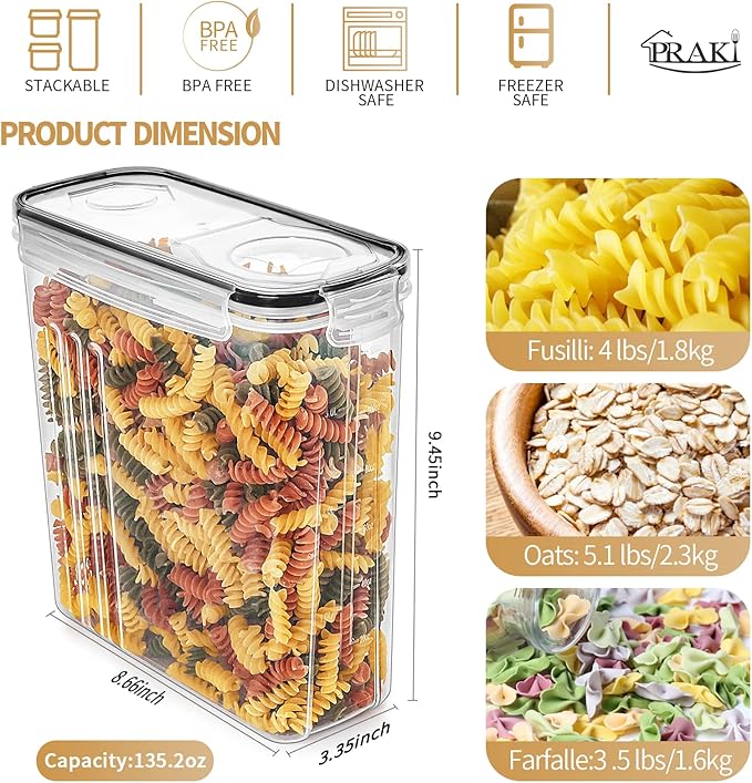 PRAKI Cereal Containers Storage Set (4L,135.2 Oz), 4PCS Airtight Food Storage Containers with Pour Spout for Kitchen & Pantry Organization Cereal Dispensers with 20 labels, Measuring Cup & Marker - Image 2