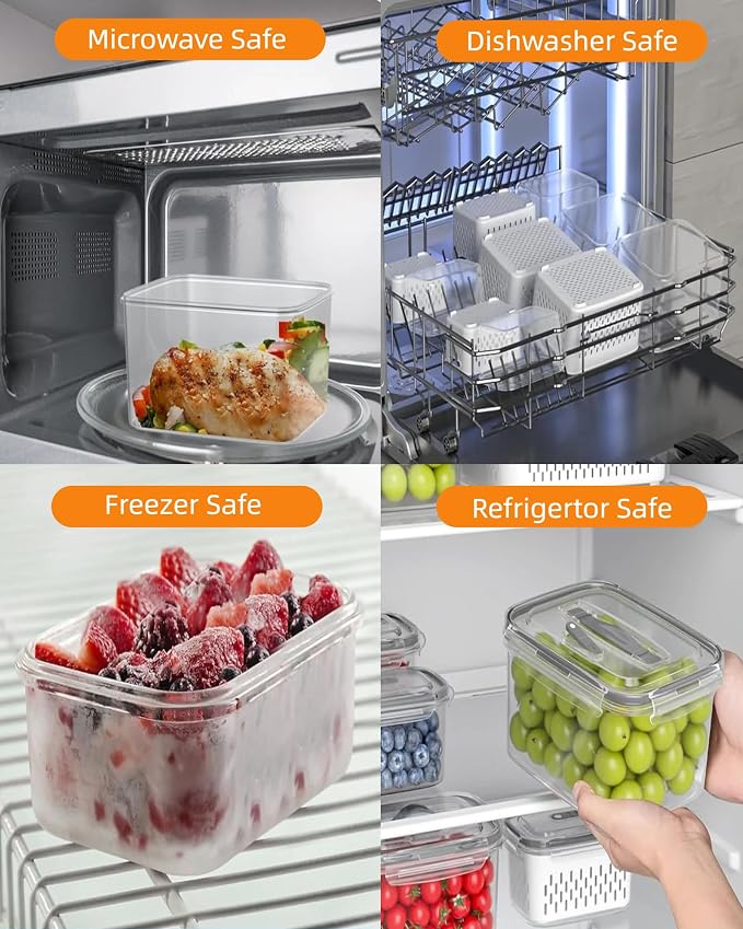 SnowSky 4PCS 2-in-1 Fruit & Veggie Fresh Box with Detachable Colander & Divider – Airtight Leak-Proof Fridge Storage Container with Lid for Berry, Meal Prep, Kitchen - Image 5