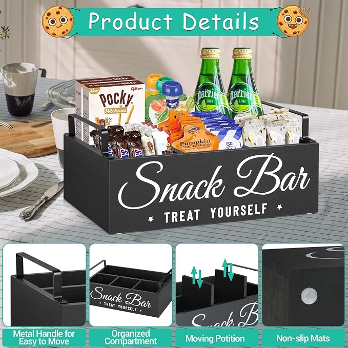Snack Organizer for Countertop, Wood Pantry Storage Bins with Handles, Snack Bar Organizer for Pantry Shelf, Kitchen, 4 Compartment Food Container Snack Box, Pantry Organizer for Snacks, Chips - Image 6