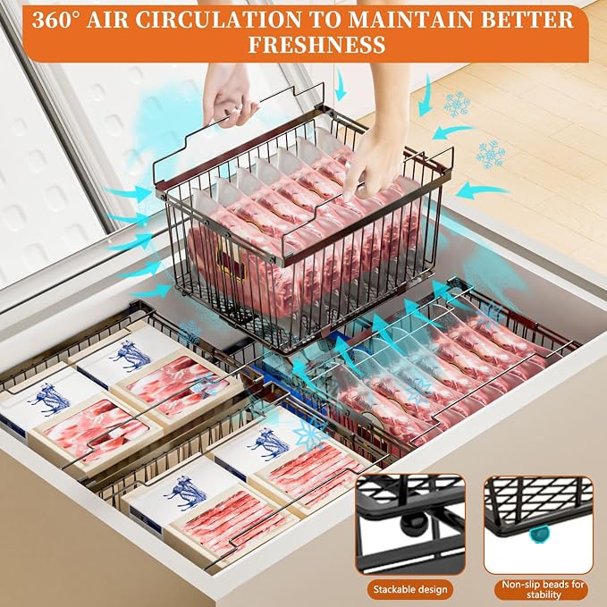 Large Freezer Organizer Bins for 5 to 9 Cu.Ft,Leak-Proof Bottom，3 Pack | ANJUBANFreezer Organizer Bins, Stackable,expandable,foldable,With handle Wire Storage Container Baskets for Sort Frozen Meats - Image 7