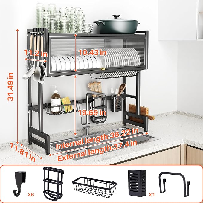 Over The Sink Dish Drainer Drying Rack 3 Tiers with Cover, Keep Kitchen Sink Shlef Organized Space-Saving Dish Drying Rack, Large Stainless Steel Sink Dish Rack for Dishes, Bowls, Cutlery (37.4"w) - Image 5
