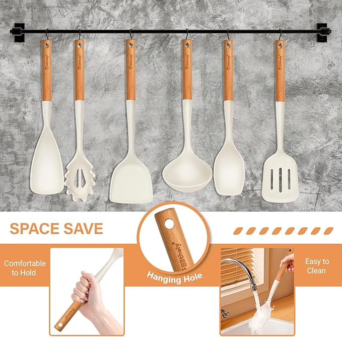 Large Silicone Kitchen Utensils Set with Holder, 25Pcs Cooking Utensil Set with Wooden Handle, Heat Resistant Spatula Sets for Cooking, BPA Free Silicone Utensils Set for Non-Stick Cookware(White) - Image 7