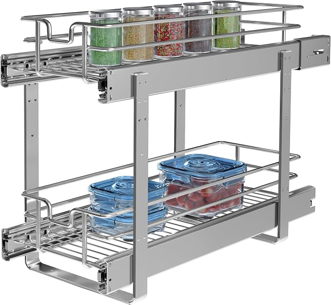 2-Tier Cabinet Pull Out Shelves, 9" W x 22" D | Heavy-Gauge Wire Sliding Shelves, 100 lbs Limit, Ball-Bearing Glides, 3 Heights, Min 9" Opening, For Spices & Under Sink - Image 6