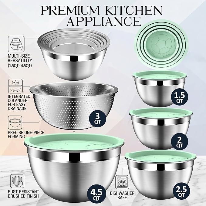 DUTZUN Mixing Bowls with Lids Set, Stainless Steel Mixing Bowl Set with Colander, Strainer with Bowls - Pistachio - Image 2