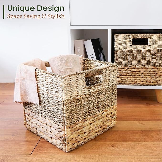 13x13 Wicker Storage Cubes, 13x13x13 Storage Cube Bins Set 4 | 13 Inch Cube Storage Bins Baskets For Shelves, Large Woven Cube Storage Bin With Handle, Foldable Square Baskets For Storage - Image 7