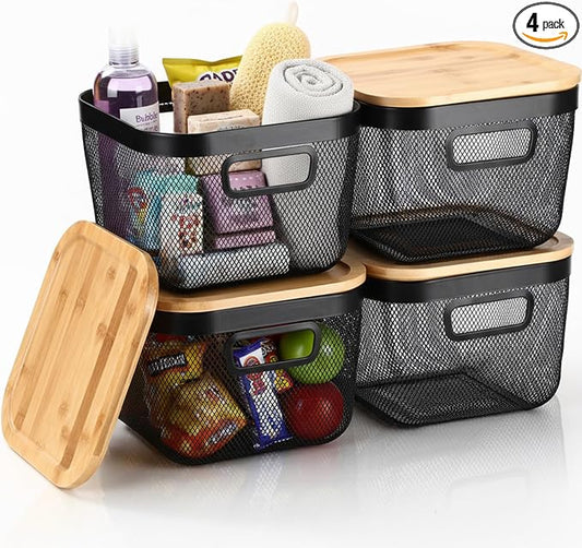 4 Pack Stackable Wire Baskets for Pantry Organizers Kitchen Storage Metal Baskets with Bamboo Lids 10"x10"x7" Vegetable Fruit Basket Produce Potato Onion Storage Bin for Kitchen Countertop by Maxdot