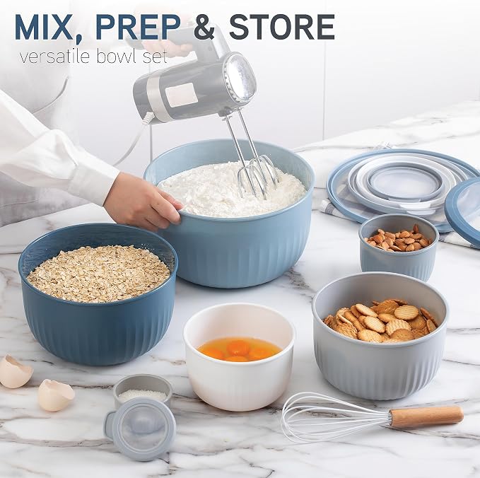 COOK WITH COLOR Prep Bowls with Lids- Wide and Deep Nesting Plastic Small Mixing Bowl Set with Lids, 12 Piece Set - Deep Bowls, Blue/Grey - Image 2