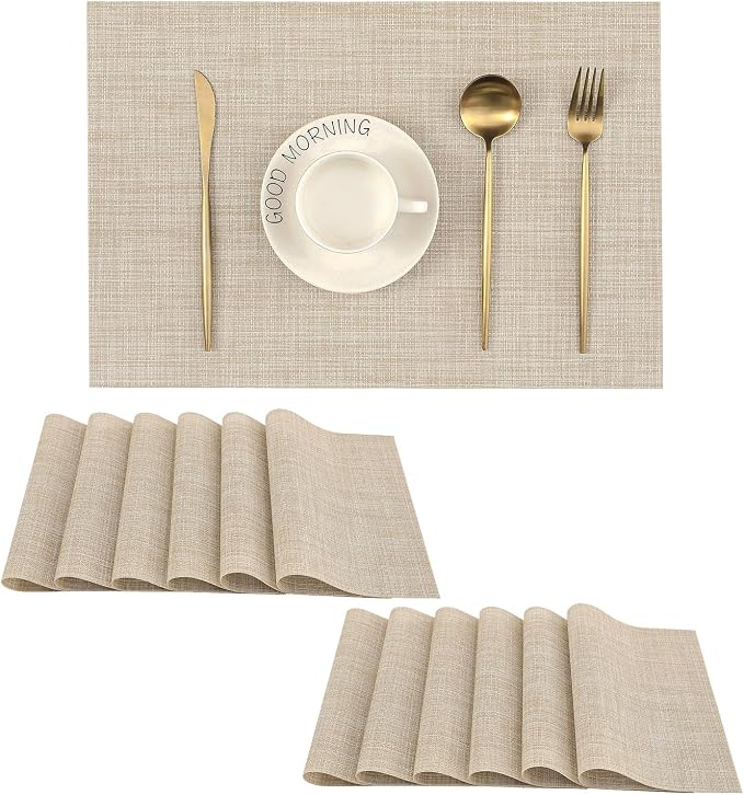 Leetaltree Beige Placemats Set of 12 - Heat Resistant Non-Slip Place mats for Dining Table, Washable Durable PVC Vinyl Woven Table Mats(Beige, 12) by Leetaltree-ArtatEveryTable
