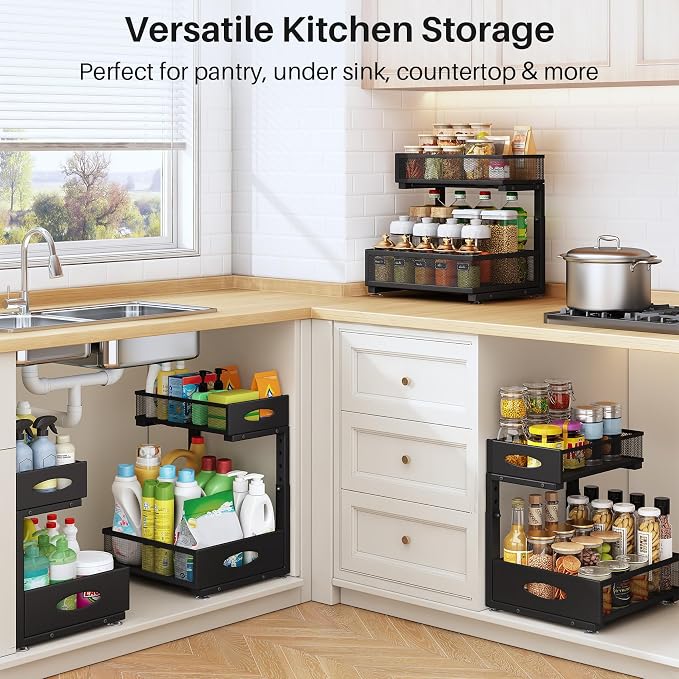 Under Sink Organizer, 2 Pack 2 Tier Pull Out Under Cabinet Organizer Shelf with Pad for Framed Cabinets, Metal Slide Out Under Sink Storage, Mesh Sliding Drawers for Kitchen Bathroom Laundry, Black - Image 8