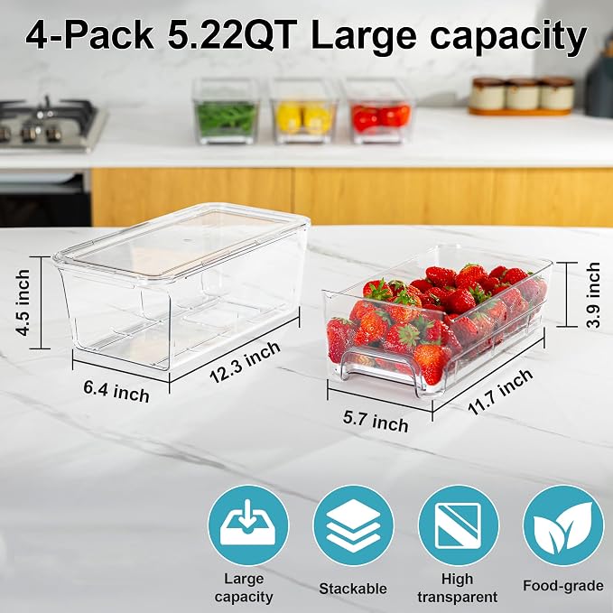 4-Pack Stackable Fruit Storage Containers for Fridge | Pull-Out Drawer Organizer Bins, With Lids & Drain Tray, Keep Fresh, Removable Refrigerator Container for Berry, Veggie, Drink - Image 5