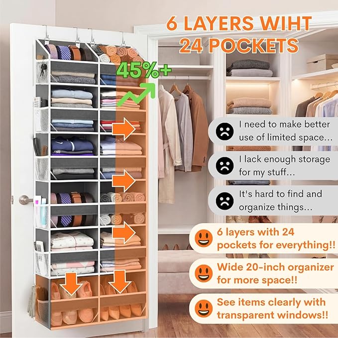 Over the Door Organizer 6 Tiers, Extra Large Behind Door Storage of 12 Compartments, 80 lbs Weight Capacity Hanging Storage Organizer with Clear Window Kids Toys, Shoes, Diapers, Room storage - Image 2