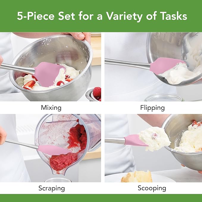 Tovolo Stainless Steel Handled Silicone Spatula Set of 5 Pink Sorbet, Dishwasher Safe Kitchen Spatula Set for Cooking Baking, Non Toxic BPA Free Silicone Spatula set with Metal Steel Handle - Image 2
