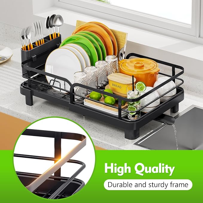 TOOLF Expandable Dish Drying Rack for Kitchen Counter, Black | Stainless Steel Dish Drainer with Drainboard Set & Cutlery Holder, Extendable 13.7“-20.5”L, Rust-Proof, Fits for 1-3 People - Image 5