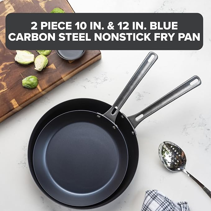 Viking Blue Carbon Steel Frying Pans, Kitchen Cookware Set, 10 and 12 Inch, Black - Image 2
