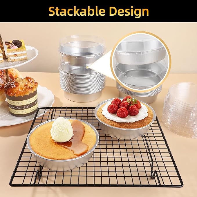 Beasea Mini Ramekins with Lids, 50 Pack 4 Inch 8oz Disposable Aluminum Foil Cake Baking Tins Pans Creme Brulee Tart Pie Tins Silver Small Individual Round Containers Oven Safe for Baking - Image 6
