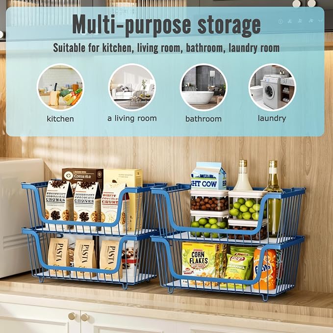 4 Pcs Stackable Wire Baskets for Pantry Organizers and Storage,blue, | Vegetable Fruit Basket for Countertop,Kitchen Storage Metal Baskets,Produce Potato Onion Storage Bin, - Image 5