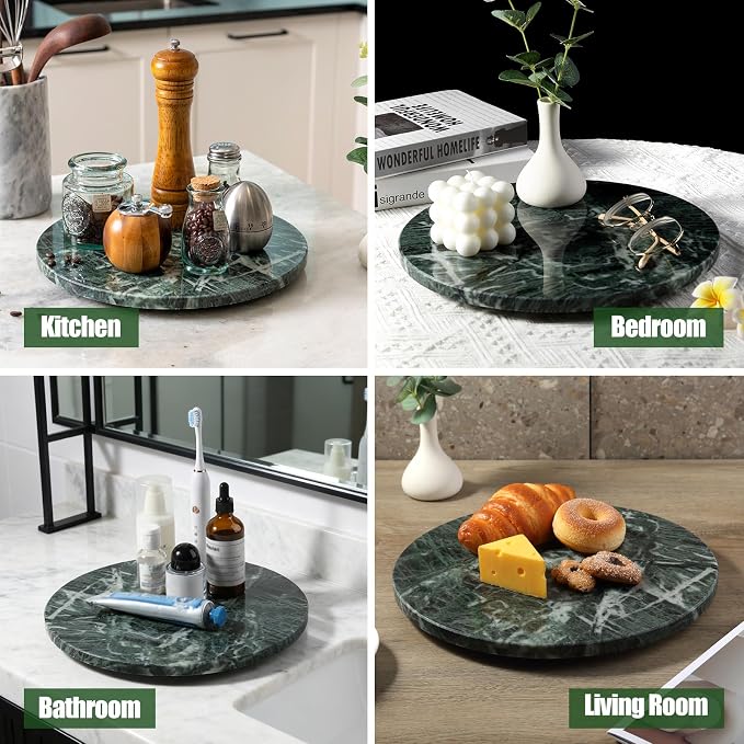 12" Marble Lazy Susan Turntable - 100% Natural Stone Round Serving Tray with Silent Spinning, Revolving Cake Stand & Cheese Board for Kitchen Countertop, Cupcake Table Display, Food, Seasoning (Green) - Image 5