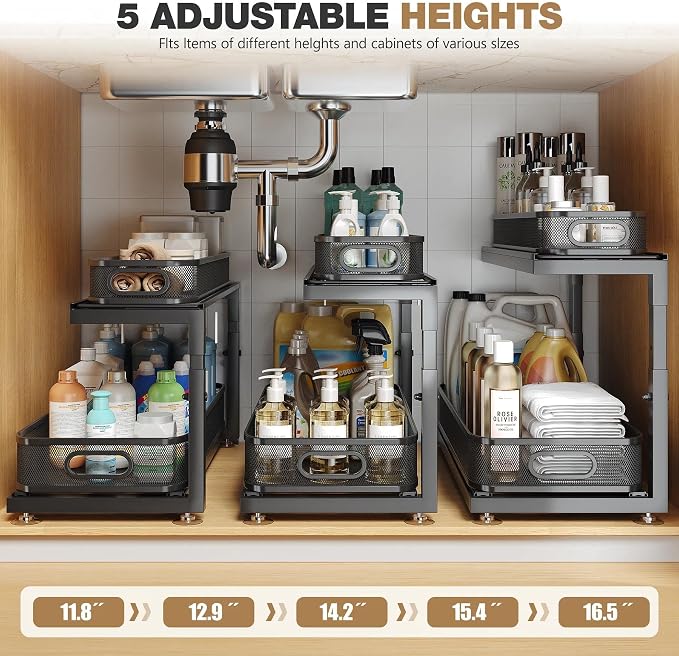2-Pack 21.3 IN Depth Under Sink Organizer With Next-Gen Ball-Bearing Slides,Sophisticated Mesh 2-Tier Pull Out Shelf for Kitchen & Bathroom,Fits Small Items-Gun Gray - Image 9
