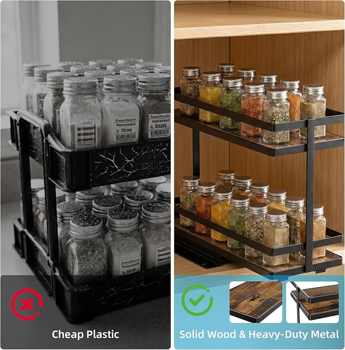 Pull Out Spice Rack 2-Tier Metal & Wood Seasoning Organizer | No-Drill Install | Full-Extension Silent Glide | Each Tier Holds 10–12 Standard Spice Bottles | Rustproof, Wipe-Clean Surface - Image 5