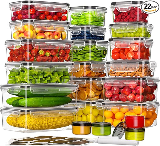 KEMETHY 44-Piece Food Storage Containers with Lids(22 Containers & 22 Lids), Plastic Food Containers for Pantry & Kitchen Storage and Organization, BPA-Free, Leak Proof, Reusable with Labels & Pen by KEMETHYFocusesonCreatingEfficientStorageProductswithQualityMaterials