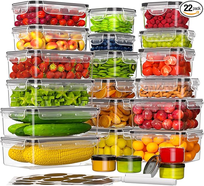 KEMETHY 44-Piece Food Storage Containers with Lids(22 Containers & 22 Lids), Plastic Food Containers for Pantry & Kitchen Storage and Organization, BPA-Free, Leak Proof, Reusable with Labels & Pen by KEMETHYFocusesonCreatingEfficientStorageProductswithQualityMaterials