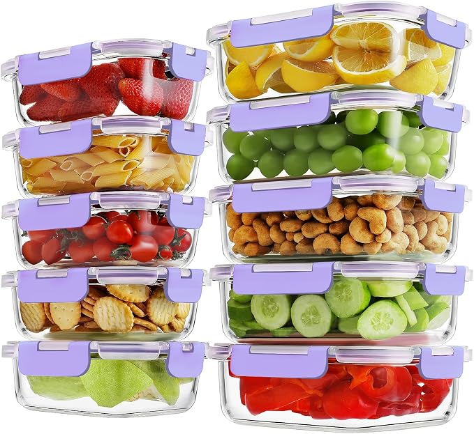 HOMBERKING 10-Pack Glass Meal Prep Containers, 36 oz/14 oz, Locking Lid Set | Borosilicate Glass Food Storage Containers Set, Airtight Lunch Bento Boxes, BPA-Free, Dishwasher Freezer, Oven Safe-Purple by HOMBERKING