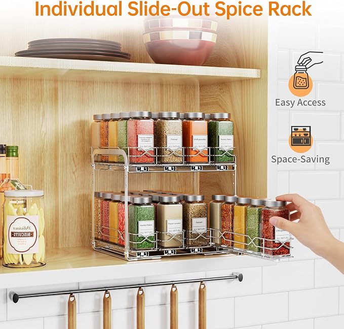 Pull Out Spice Rack,2 Tier Sliding Drawer, Height Adjustable Spice Rack | Chrome, Tape or Screw Mount Available, Fits 4oz Spice Jars Up to 2.0 Inch Diameter for Kitchen Cabinets and Pantry - Image 2