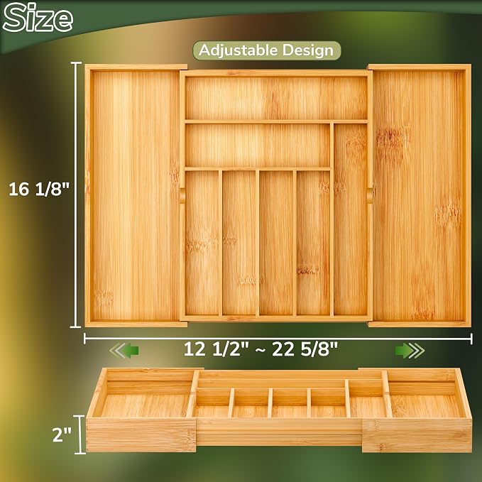 BAMEOS drawer organizer flatware organizer cutlery tray silverware organizer expandable adjustable bamboo drawer organizer kitchen bathroom - Image 2