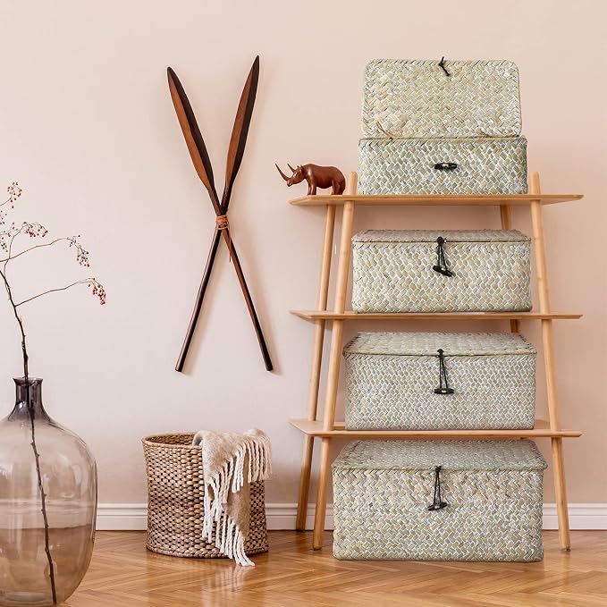 Woanger Set of 4 Wicker Baskets with Lids, Nautral Seagrass Storage Baskets, Woven Rectangular Basket Bins, Rattan Storage Organizer for Shelf Closet Bedroom(White) - Image 7