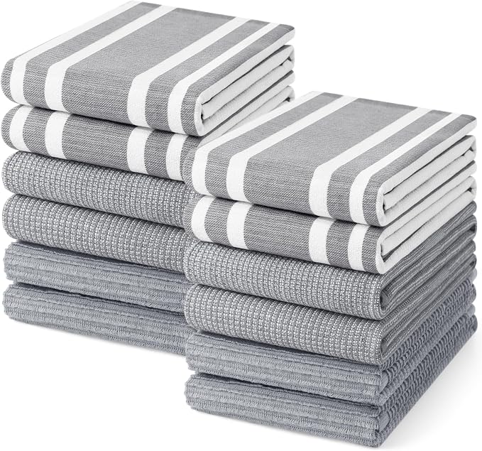 Homaxy Cotton 380 GSM Premium Kitchen Towels, 18"x 28", 12 Pack, Grey | Soft and Absorbent Terry Dish Towels, Multipurpose Tea Towel Set with Hanging Loop, 3 Styles Kitchen Hand Towels by Homaxy