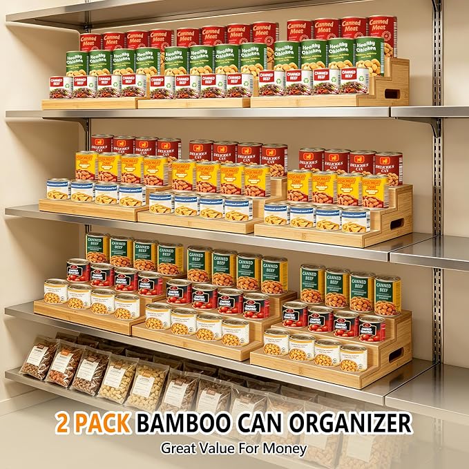 2 Pack 3-Tier Bamboo Expandable Can Rack Organizer for Pantry | Stackable Canned Food Organizers and Storage, Kitchen Cabinet, Food Can Holders Dispensers for Pantry Up To 48 Cans - Image 2
