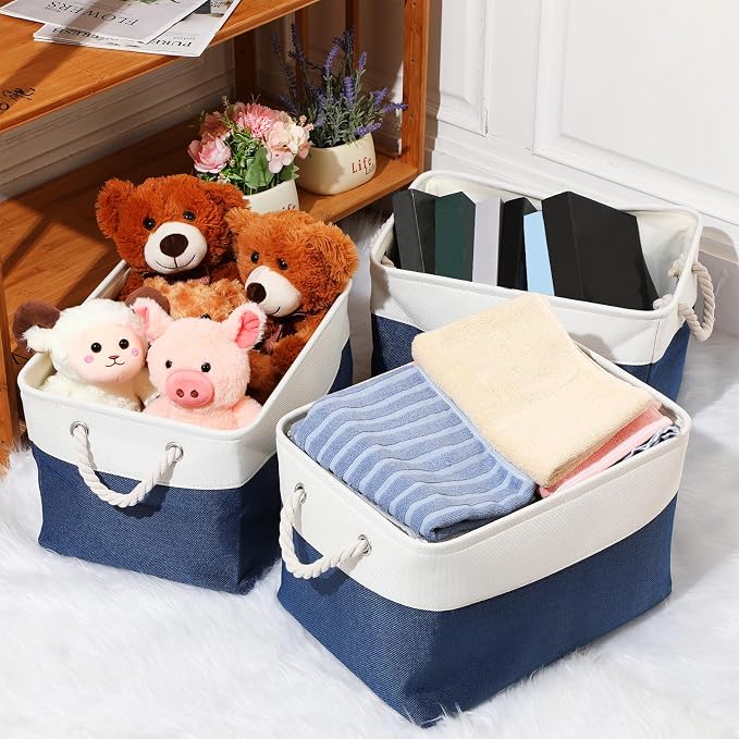 meekoo 8 Pack Collapsible Storage Bins Fabric Storage Bins Polyester Fabric Baskets with Handles Linen Closet Organizer for Shelf Home Closet Towels Toys(12 x 12 x 12 in,Blue White) - Image 5