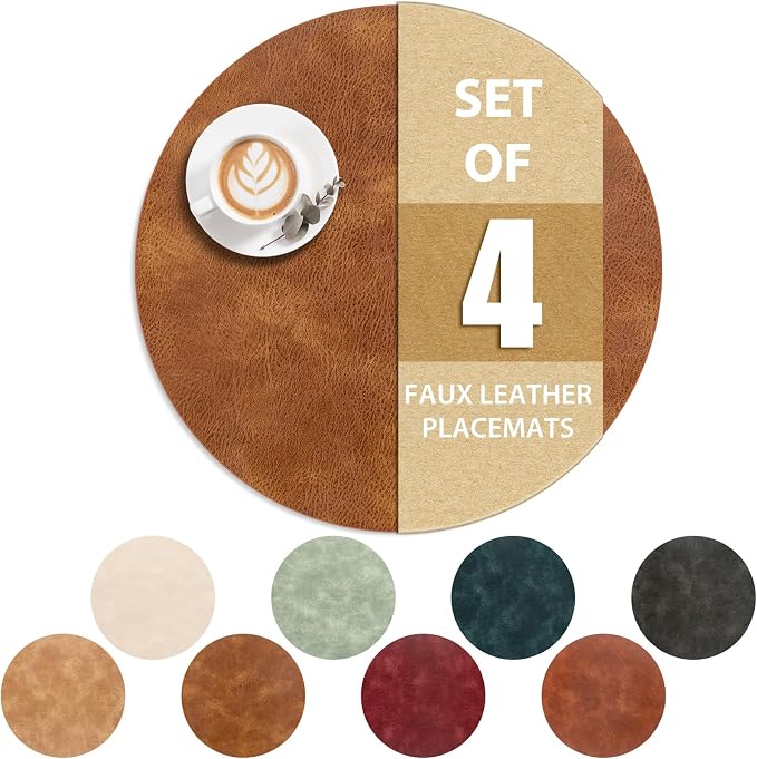 ADRIMER Placemats, Heat Resistant Round Placemats Set of 4 Washable, Waterproof Table Mats, Wipeable Faux Leather Place Mats for Kitchen, Dining Room, Turmeric Brown by Adrimersdreamistobeanindispensablecompanioninyourlife