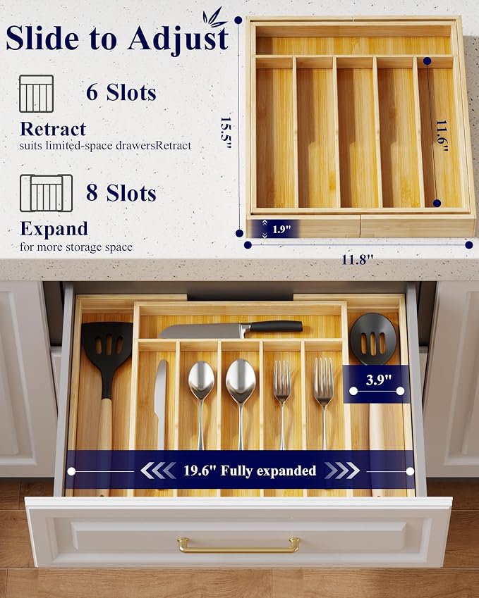 Kitsure Silverware Organizer - Expandable Bamboo Kitchen Drawer Organizer for Cooking Utensils and Cutlery, Sturdy & Thickened Kitchen Organizers and Storage Solution, 19.6"×15.5"×1.8" - Image 3