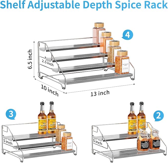 BOIVSHI Spice Organizer for Cabinet, Adjustable Depth Spice Shelf - Chrome | 4 Tier Spice Rack, Space-saving Spice Organization for Cabinet and Counter, Keep Your Kitchen Neat and Organized - 1 Pack - Image 6