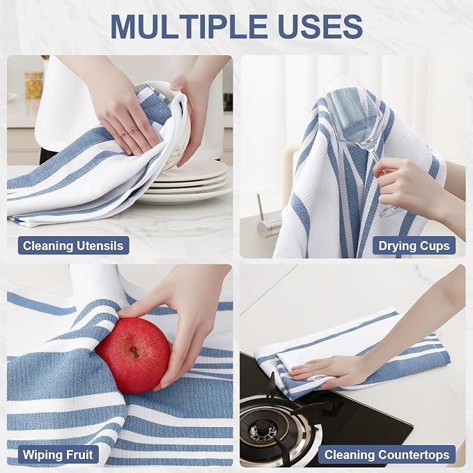 Homaxy Premium Cotton Stripe Kitchen Towels 3 Pack, 18"x 28", Navy Blue | Large 380 GSM Kitchen Hand Towels, Soft Terry Dish Towels, Highly Absorbent Tea Towel Set with Hanging Loop - Image 4