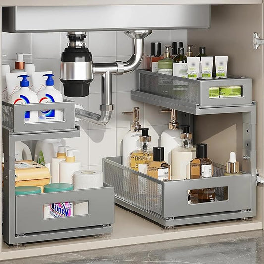 2 Pack 15.74IN-Depth Under Sink Organizer With Next-Gen Ball-Bearing Slides,2-Tier Pull Out Cabinet Storage,Height Adjustable Drawer Shelf for Bathroom,Kitchen,Laundry,Cabinet,Pantry-Gun Gray by Corbyles