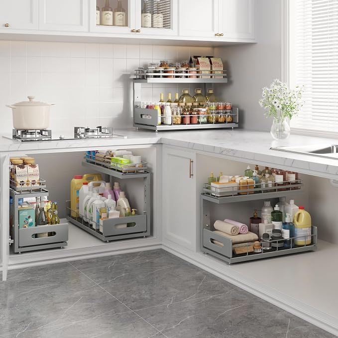 Under Sink Organizer Upgrade To Professional Rails,2-Tier Dual Pull Out Cabinet Storage,Height Adjustable Slide Out Drawers For Bathroom Kitchen,2 Pack-18.5"Dx12.8"-16.9"H,Gun Gray - Image 7