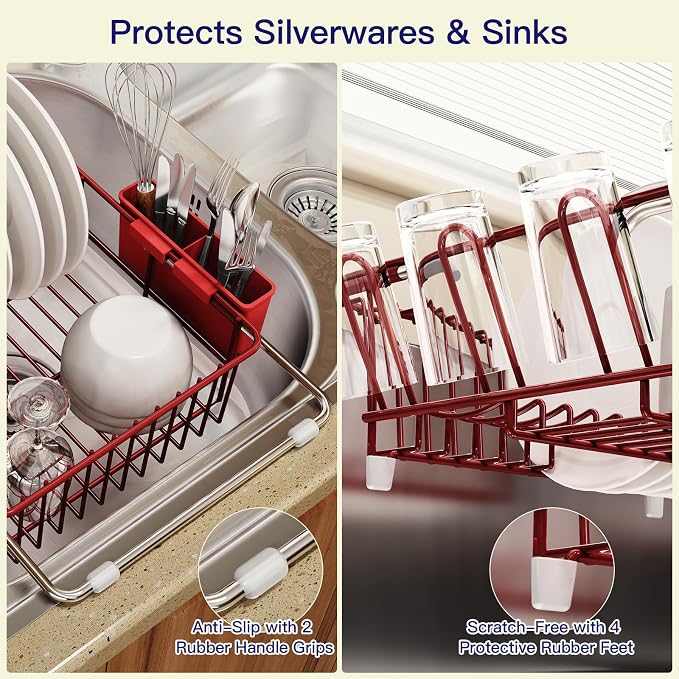 Red Dish Drying Rack Over The Sink with Utensil Holder | Expandable Stainless Steel Dish Drainer for Small Kitchen, Apartment, RV, Counter Space Saving, Perfect Fit, Rustproof - Image 5