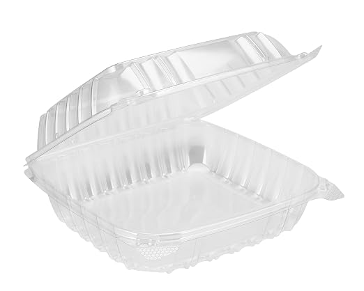 8x8x3 Clear Hinged Lid Plastic Container, (CASE of 100), OPS (Oriented Polystyrene) Square Cold Clamshell Container + Skewers - Image 2