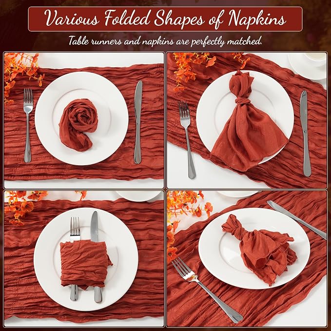 60PCS Terracotta Cheesecloth Napkins and 6PCS Table Runners Set, 19.69x19.69inch Rustic Wedding Napkins and 35x118inch Gauze Table Runner for Wedding Party Boho Table Decor - Image 4
