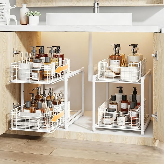 Under Sink Organizer, 2-Tier Pull Out Cabinet Organizer, Kitchen Bathroom Organizer and Storage, Spice Rack for Kitchen, Multi-use Sliding Drawers Shelves (1, white) by Silub