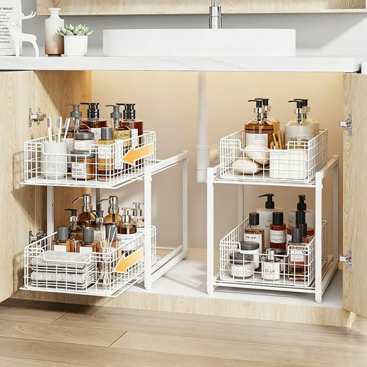 Under Sink Organizer, 2-Tier Pull Out Cabinet Organizer, Kitchen Bathroom Organizer and Storage, Spice Rack for Kitchen, Multi-use Sliding Drawers Shelves (1, white) by Silub