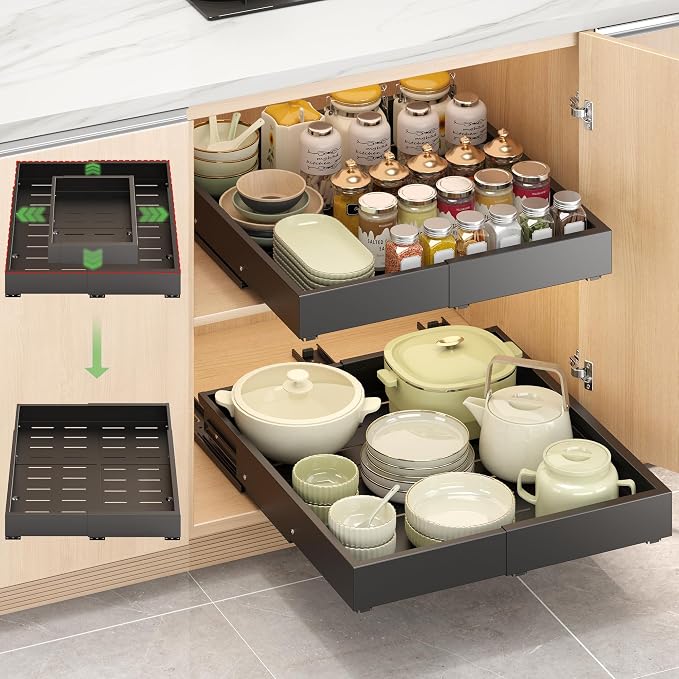 1 Pcs Pull Out Drawers for Cabinets Organizer Expandable Width(11.8"-19.4"), Depth(16.45"-21.7") With 3 Rails, No Drill Roll Out Drawer, Adhesive Sliding Drawers (Black) by GREATLUHENGPING