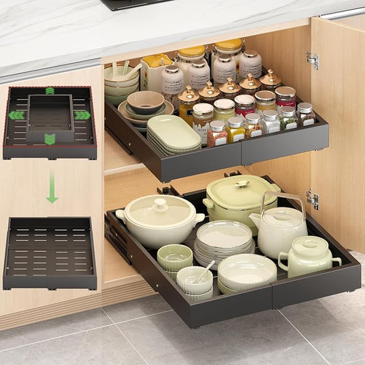 1 Pcs Pull Out Drawers for Cabinets Organizer Expandable Width(11.8"-19.4"), Depth(16.45"-21.7") With 3 Rails, No Drill Roll Out Drawer, Adhesive Sliding Drawers (Black) by GREATLUHENGPING