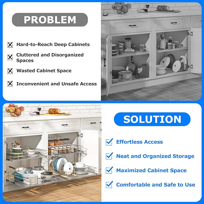 WelFurGeer 2-Tier Kitchen Cabinet Pullout Shelf and Drawer Organizer, Soft Close Pantry Pull Out Shelves, Heavy Duty Pull Out Cabinet Organizer with Shelf Liner for Kitchen Cabinets, Pantry Storage - Image 4